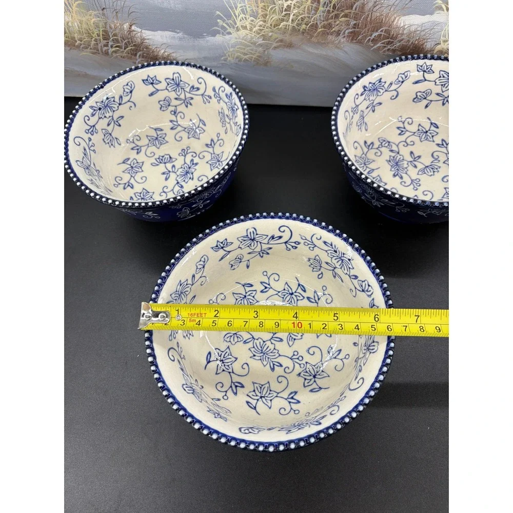Temp-tations Floral Lace Cobalt Blue White Ceramic Footed Bowls Set of 3 6 inch